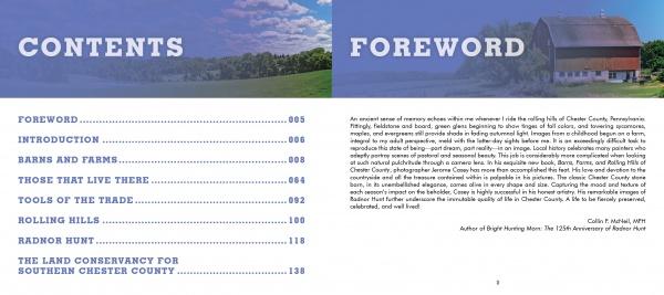 A two-page spread from "Barns, Farms, and Rolling Hills of Chester County" by Schiffer Publishing, Ltd. shows the table of contents on the left and a foreword over a barn photo set in a green field beneath a blue sky on the right.