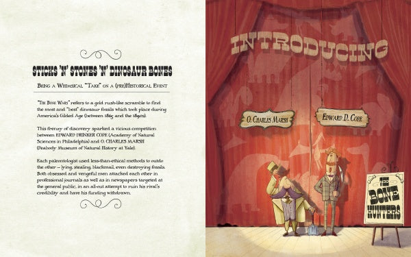 In Sticks ’n’ Stones ’n’ Dinosaur Bones by Schiffer Publishing, Ltd., an illustrated stage with red curtains shows O. Charles Marsh and Edward D. Cope at podiums under a sign reading "Introducing," with text on paleontology and the Bone Wars rivalry.