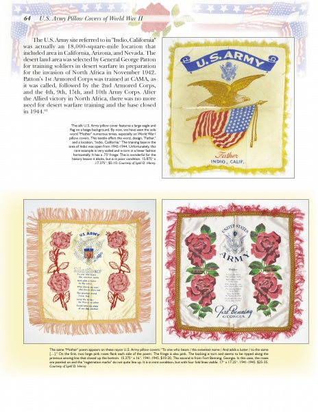 A page from "Sweetheart & Mother Pillows, 1917-1945" by Schiffer Publishing, Ltd. shows three ornate military pillow covers with patriotic symbols or roses and fringed edges, plus text about their history and value as treasured artifacts.