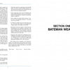 A two-page spread from *Weaving Innovations from the Bateman Collection* (Schiffer Publishing, Ltd.) features Bateman weaves: the left page provides detailed text and bullet points; the right displays "SECTION ONE BATEMAN WEAVES" on a white background.