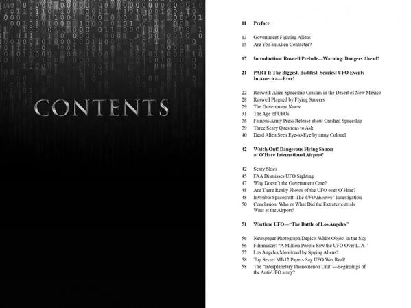 The contents page of "UFOs Over America" by Schiffer Publishing, Ltd. features a digital binary code background on the left, with chapter titles and page numbers on UFO sightings, government encounters, Roswell, alien abductions, and mysteries on the right.