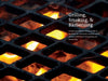 Close-up of a grill grate with bright orange flames below. Text on the right reads, “Grilling, Smoking, & Barbecuing.” Learn the differences and get beginner tips from The Little Smoker Book by Schiffer Publishing, Ltd.