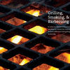 Close-up of a grill grate with bright orange flames below. Text on the right reads, “Grilling, Smoking, & Barbecuing.” Learn the differences and get beginner tips from The Little Smoker Book by Schiffer Publishing, Ltd.