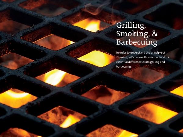 Close-up of a grill grate with bright orange flames below. Text on the right reads, “Grilling, Smoking, & Barbecuing.” Learn the differences and get beginner tips from The Little Smoker Book by Schiffer Publishing, Ltd.