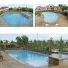 Explore Swimming Pool Innovations by Schiffer Publishing, Ltd. for backyard inspiration: a small oval pool with hot tub, a rounded pool with patio, and a rectangular pool framed by stone wall and fence—paradise awaits.