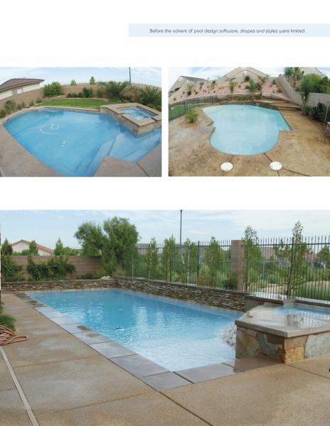 Explore Swimming Pool Innovations by Schiffer Publishing, Ltd. for backyard inspiration: a small oval pool with hot tub, a rounded pool with patio, and a rectangular pool framed by stone wall and fence—paradise awaits.