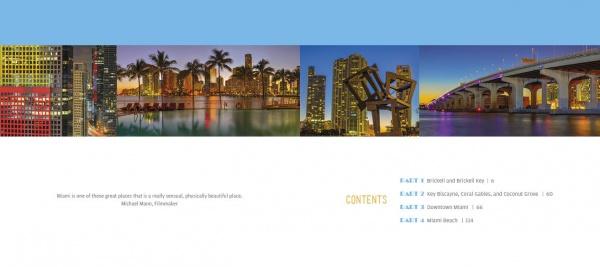 A vibrant collage from "Miami At Night" by Schiffer Publishing, Ltd. showcases colorful high-rises, palm-lined pools, dusk-lit skyscrapers, and a glowing bridge, with a Miami quote and a cityscape photography book table of contents below.