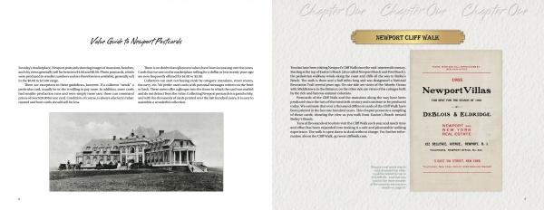 A two-page spread from Schiffer Publishing, Ltd.’s "Newport Mansions" shows text about historic estates, with a black-and-white photo of a Gilded Age mansion on the left and a vintage Newport Villas brochure and more text on the right.