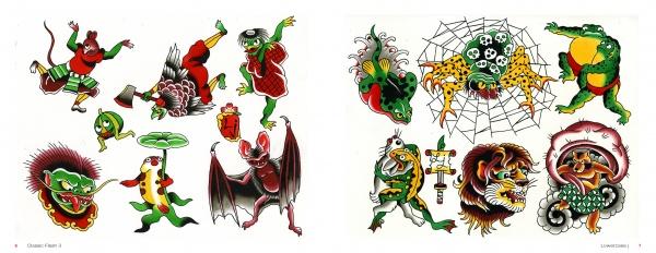 Classic Flash 3 by Schiffer Publishing, Ltd. features colorful, traditional American tattoo flash designs with dynamic frogs, a bat, a spider, a lion, a dragon, and various other mythical or animal-inspired creatures.