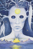 A surreal figure with a white mask-like face and glowing yellow circles stands among blue tree branches, evoking Tarot and guardianship. "King of Pentacles" appears at the top. From Guardian Tarot by Schiffer Publishing, Ltd.