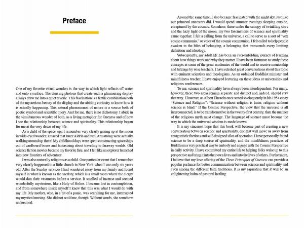 The Three Principles of Oneness by Schiffer Publishing, Ltd. opens with a preface: the left column shares personal childhood reflections on water and stars, while the right discusses astronomy, writing, and a science-based spiritual cosmic view.