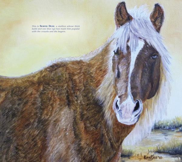 Chincoteague Ponies by Schiffer Publishing, Ltd. features a painting of a brown pony with a white mane and stripe, standing in a field with yellow-green tones inspired by Assateague Island. Includes visible text and a small signature.