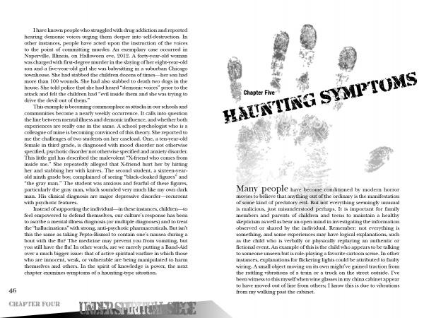 In Under Spiritual Siege by Schiffer Publishing, Ltd., two pages appear: the left covers addiction and self-destruction, while the right shows a gray handprint behind “Chapter Five: Haunting Symptoms,” exploring spiritual protection from ghosts and demons.