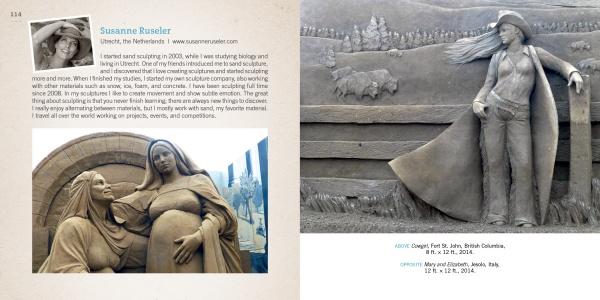 Contemporary Sand Sculpture by Schiffer Publishing, Ltd. features two pages with sand sculptures—one of two women with a baby, another of a woman with cows—plus a profile, photo, and details of sand sculptor Susanne Ruseler.