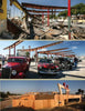 Three-panel image from "Southern California Eats 2" by Schiffer Publishing, Ltd.: Top, a building with roof collapse. Middle, classic cars in front of the site under repair. Bottom, renovations continue at this Southern California restaurant behind plywood walls.
