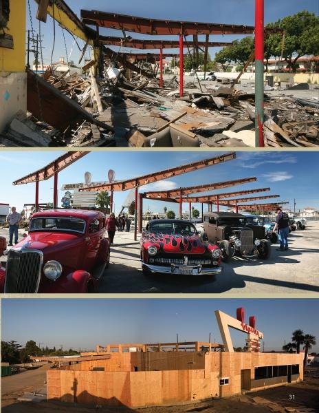 Three-panel image from "Southern California Eats 2" by Schiffer Publishing, Ltd.: Top, a building with roof collapse. Middle, classic cars in front of the site under repair. Bottom, renovations continue at this Southern California restaurant behind plywood walls.
