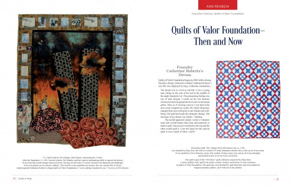A spread from "Quilts of Valor" by Schiffer Publishing, Ltd. shows an art quilt depicting a dark city skyline with fiery hues on the left, and patriotic military quilts with red, white, and blue patchwork on the right.