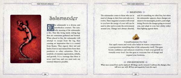 A two-page spread from The Witch's Oracle, 2nd Edition by Schiffer Publishing, Ltd. shows a red salamander oracle card on the left and its symbolism, magical meaning, plus a short incantation on the right.