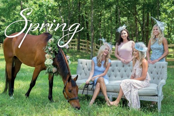 Four women in pastel dresses and hats gather around a white sofa outdoors, inspiring seasonal parties. A brown horse with a floral garland grazes nearby. "Four Seasons of Entertaining" by Schiffer Publishing, Ltd. sets the scene.