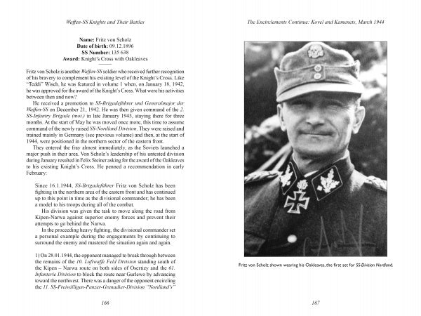 A black-and-white spread from Waffen-SS Knights and Their Battles by Schiffer Publishing, Ltd. shows Fritz von Scholz in Waffen-SS uniform on the right, with his biography and details of his Knight’s Cross award on the left.
