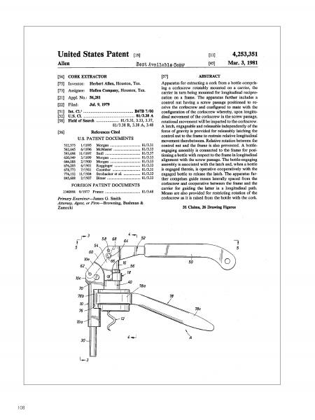 The patent page for Screwpull by Schiffer Publishing, Ltd. shows a labeled technical drawing left, text right with patent title, inventor info, abstract, references, and showcases Screwpull's user-friendly, innovative wine bottle opener design.