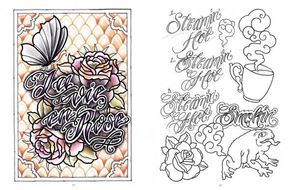 From Schiffer Publishing, Ltd.’s Tattoo Lettering & Banners: a coloring page with a butterfly and roses plus "La Vie en Rose" script on the left, and banner lettering, roses, a steaming mug, and a frog outline on the right—ready to color.