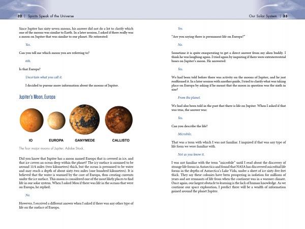A page from “Spirits Speak of the Universe” by Schiffer Publishing, Ltd. features info and images of Jupiter’s moons—Io, Europa, Ganymede, and Callisto—plus a discussion on exploring Jupiter and meeting alien life.
