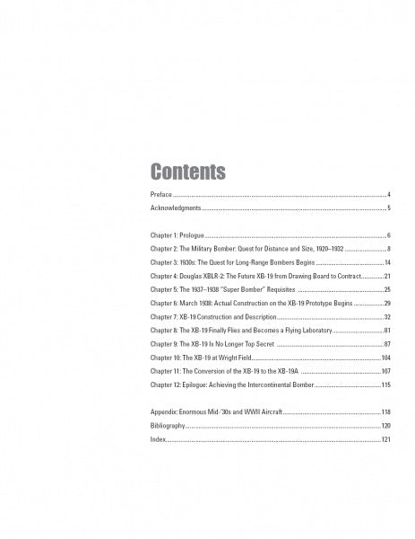 Table of contents page for "Douglas XB-19" by Schiffer Publishing, Ltd., listing chapters, sections, preface, acknowledgments, appendix, bibliography, index, and highlighting the bomber's significance in aviation history.