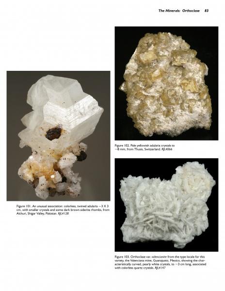 A page from Schiffer Publishing, Ltd.'s "Collector's Guide to the Feldspar Group" displays three labeled photos of orthoclase in different forms: clear twinned crystals, pale yellowish, and white needle-like crystals for mineral collectors.