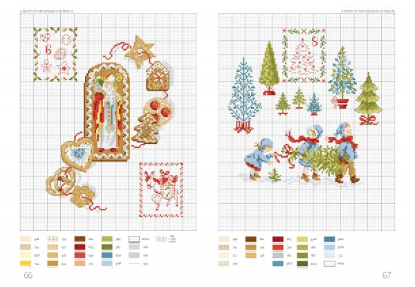 The Magic of Christmas to Cross Stitch by Schiffer Publishing, Ltd. includes two festive patterns—cookies, ornaments, candle, and kids with a tree on a sled—with color keys and grid lines for easy holiday stitching.