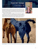 The Contemporary International Tapestry from Schiffer Publishing, Ltd. features a handwoven scene of a brown horse beside a blue one, with an artist bio and photo of the smiling short-haired blonde creator included above.