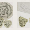 Classic Tattoo Stencils by Schiffer Publishing, Ltd. features hand-drawn lion and wildcat sketches inspired by classic American tattoos. Each stencil shows a unique feline pose or expression, arranged in groups on variously shaped paper against a white background.