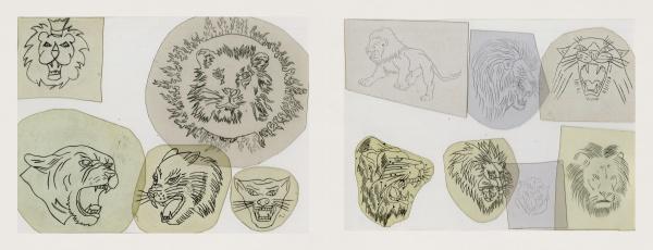 Classic Tattoo Stencils by Schiffer Publishing, Ltd. features hand-drawn lion and wildcat sketches inspired by classic American tattoos. Each stencil shows a unique feline pose or expression, arranged in groups on variously shaped paper against a white background.