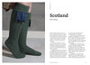 Close-up of a person's lower legs wearing green knitted kilt hose socks, inspired by heritage crafts, with blue flashes. On the right, text about Scotland and kilt hose appears. Book: "Threads Around the World" by Schiffer Publishing, Ltd.