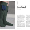 Close-up of a person's lower legs wearing green knitted kilt hose socks, inspired by heritage crafts, with blue flashes. On the right, text about Scotland and kilt hose appears. Book: "Threads Around the World" by Schiffer Publishing, Ltd.