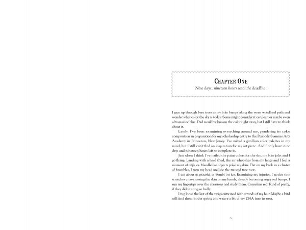 A spread from "A Promise Stitched in Time" by Schiffer Publishing, Ltd. shows the mostly blank left page with a brief passage, while the right page starts “Chapter One”—beginning a WWII Jewish girls' story—page 5 at the bottom.