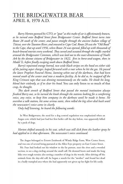 A scanned page from Hockomock by Schiffer Publishing, Ltd. recounts an April 8, 1970 bear sighting near Bridgewater Center, Massachusetts, noting local reactions and referencing the area's wildlife history.