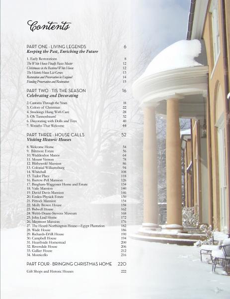 A snow-covered mansion with tall white columns appears beside a contents page from "Christmas at Historic Houses" by Schiffer Publishing, Ltd., featuring sections on restoration, decorated homes, and festive holiday traditions.