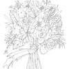 Line drawing bouquet featuring flowers, leaves, and fruits tied with a ribbon—ideal for fans of fall florals and Kristy's Fall Cutting Garden by Schiffer Publishing, Ltd., in Kristy Rice’s watercolor coloring book style.