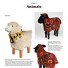 Page titled Animals presents three handmade sheep figurines inspired by fiber arts, alongside "Hooked Rugs Today IV" from Schiffer Publishing, Ltd. The left sheep is white with a yellow flower garland; the right two feature red, floral-patterned fabric.