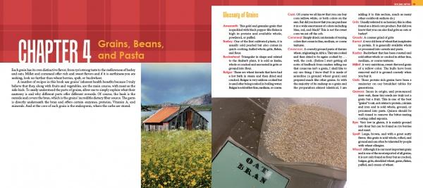 A textbook spread from Refreshed by Schiffer Publishing, Ltd. shows a red barn beside yellow flowers on the left and healthy low-fat recipes with oat bran on a scale on the right in Chapter 4: Grains, Beans, and Pasta.