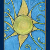 A stylized yellow sun with green accents shines on blue behind text: "5 Solar Plexus Chakra," highlighting The Empathic Oracle by Schiffer Publishing, Ltd. Dark blue and gold border frames this empath-themed card about managing emotions.