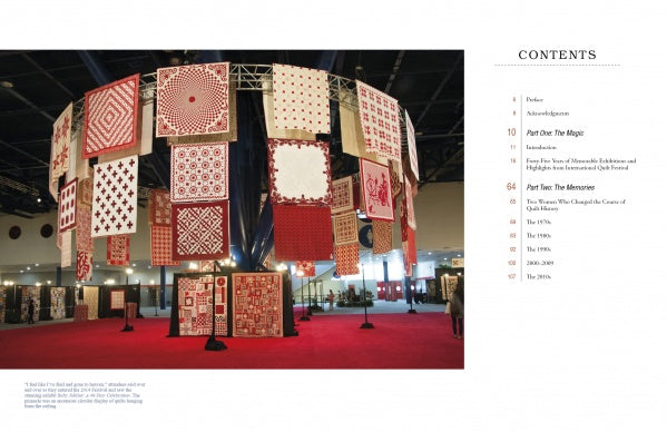 A large display of red and white quilts hangs in a spacious exhibition hall at the International Quilt Festival, featured in Magic & Memories by Schiffer Publishing, Ltd.; a contents page with section titles is shown on the right.