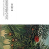 A vibrant jungle scene from "Birds in the Barnes Foundation" by Schiffer Publishing, Ltd., features dense green leaves, colorful fruit, a hidden lion, and a red bird. Image is rotated with top text—ideal for art-themed notecards or boxed sets.