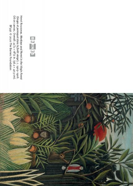 A vibrant jungle scene from "Birds in the Barnes Foundation" by Schiffer Publishing, Ltd., features dense green leaves, colorful fruit, a hidden lion, and a red bird. Image is rotated with top text—ideal for art-themed notecards or boxed sets.
