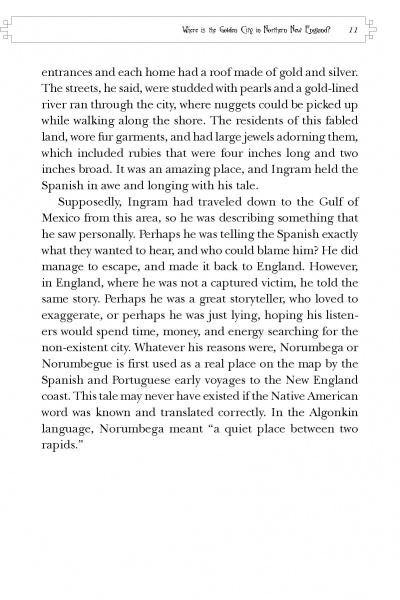 A page from "Lost Loot" by Schiffer Publishing, Ltd. explores legendary treasures like a golden city and New England riches, cites Spanish myths, mentions Norumbega's Algonkin meaning, and features a decorative printed header.