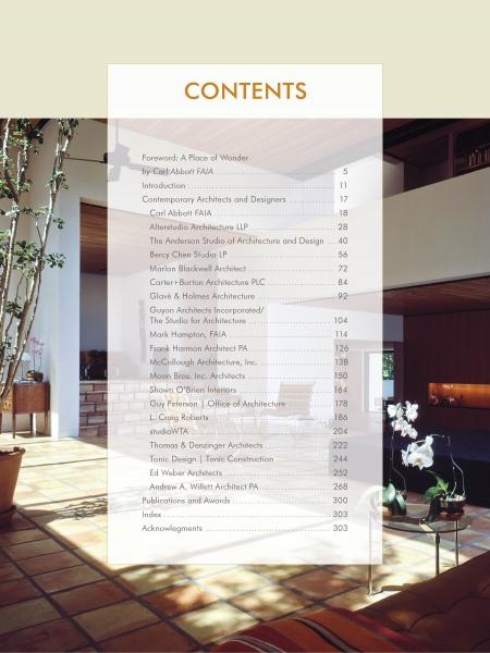 A table of contents page overlays a photo of a sunlit, modern interior. Chapters and pages detail southern architecture in "Contemporary Southern Homes" by Schiffer Publishing, Ltd.