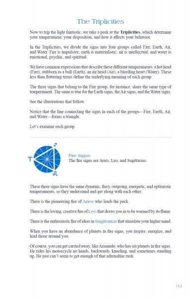 A page titled "The Triplicities" in The Beginner’s Guide to Astrology by Schiffer Publishing, Ltd. explains zodiac Fire, Earth, Air, and Water groups, with diagrams of signs, blue graphics, and text boxes about Fire sign traits.