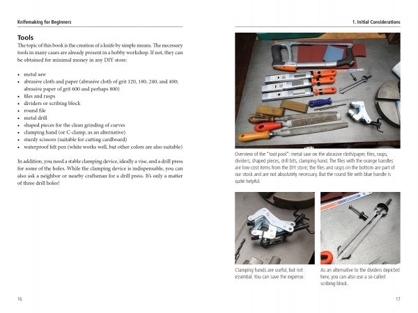 A page from "Knifemaking for Beginners" by Schiffer Publishing, Ltd. displays hand tools like files, a saw, clamps, and measuring tools on a table. Photos show tool setups and using clamps while crafting a fixed-blade knife.