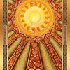 The Byzantine Tarot by Schiffer Publishing, Ltd. features the “XIX – Sun” card, depicting a radiant sun with golden rays shining on two joyful figures amid spirals, all framed by ornate Byzantine-inspired borders.